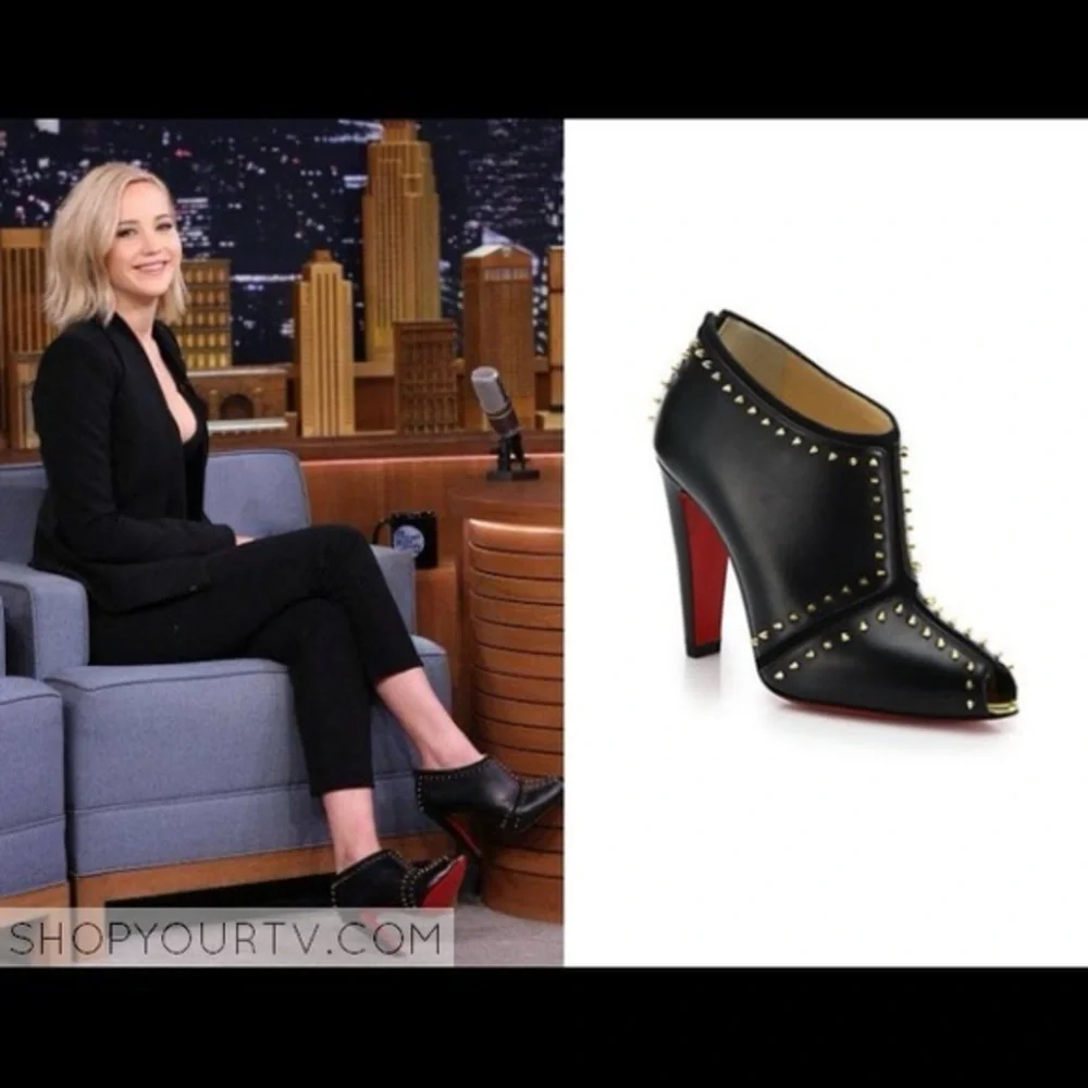 Christian Louboutin Black Leather Studded Peep-Toe Heels with Red Sole - Picture 3 of 10